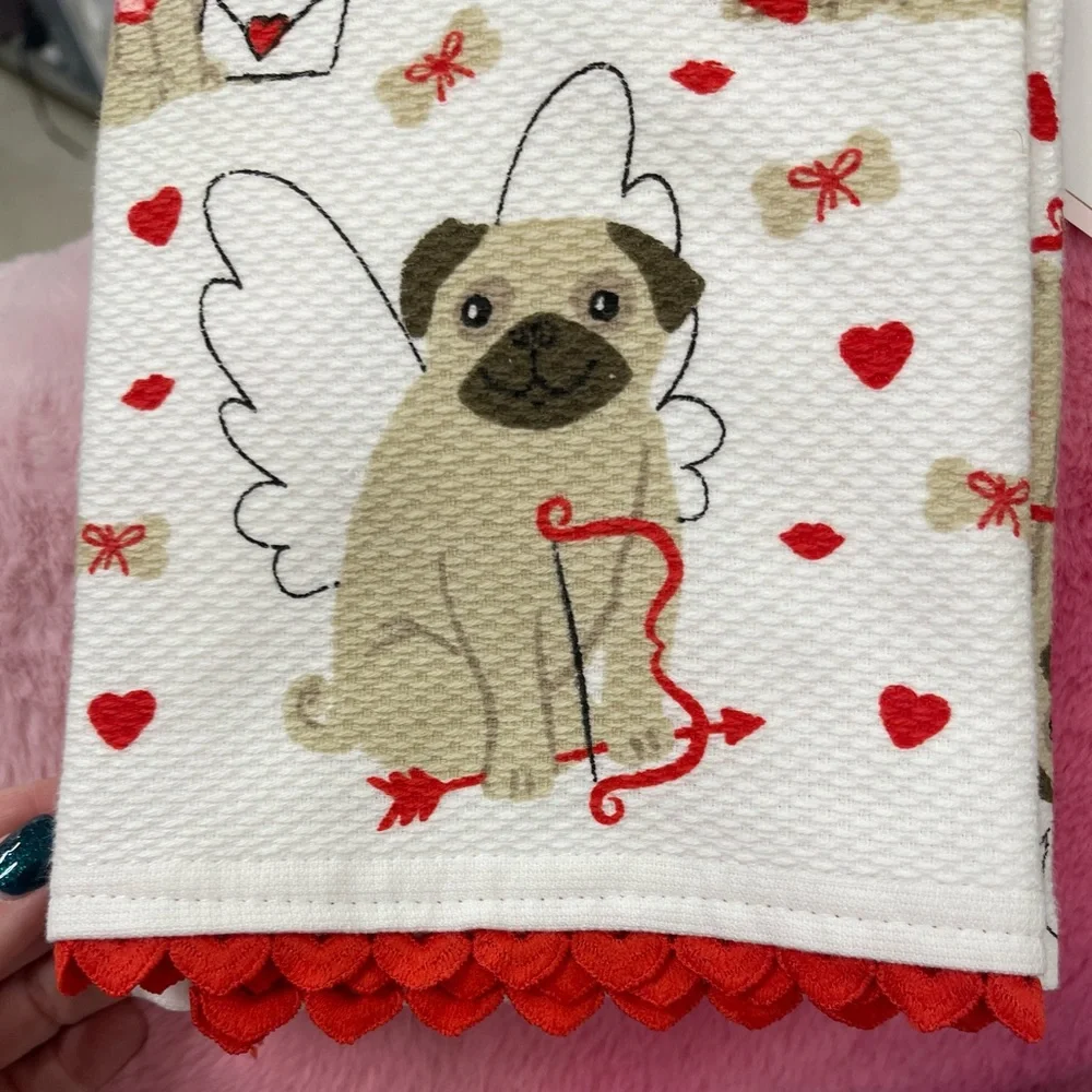 Valentine’s Day Pugs & Kisses Kitchen Towels w/Red Heart Trim set of 2 NWT